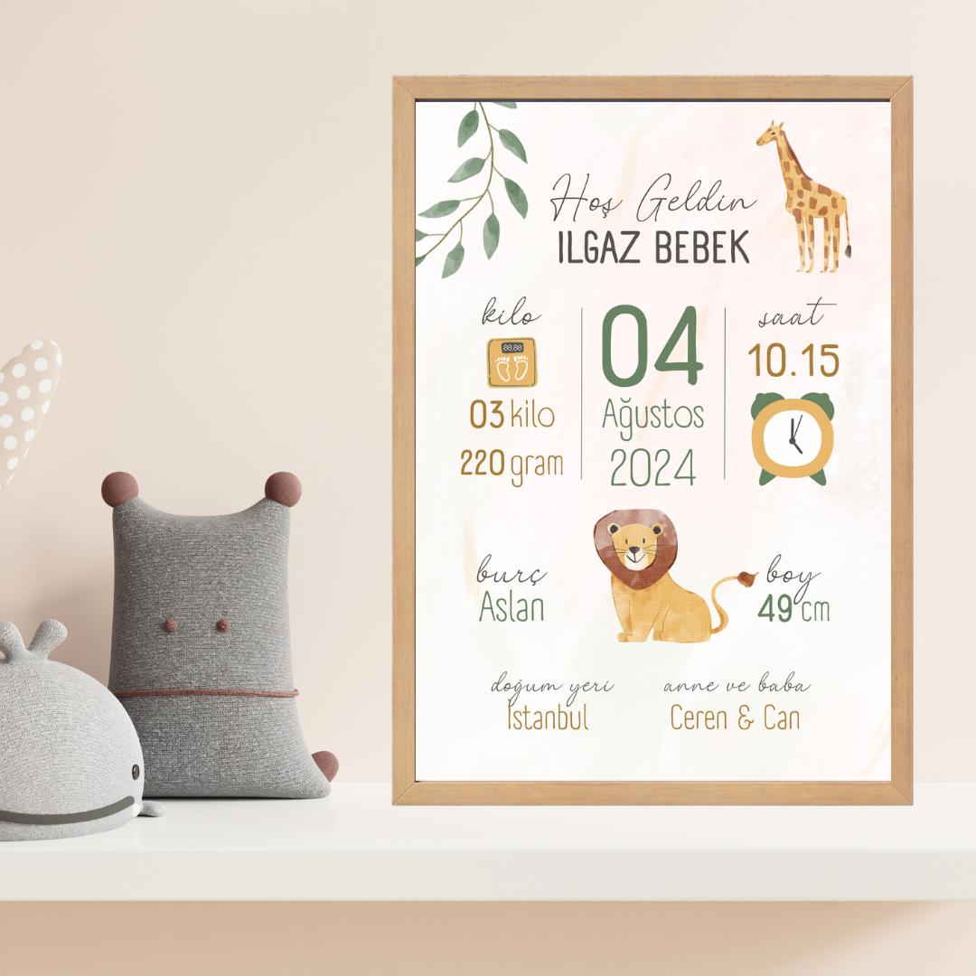 Aslan Zürafa Tekli Çocuk Odası Doğum Tablosu (kişiye özel)