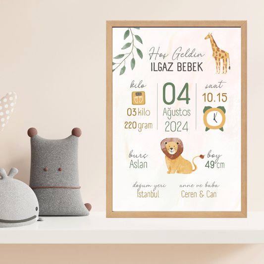 Aslan Zürafa Tekli Çocuk Odası Doğum Tablosu (kişiye özel)