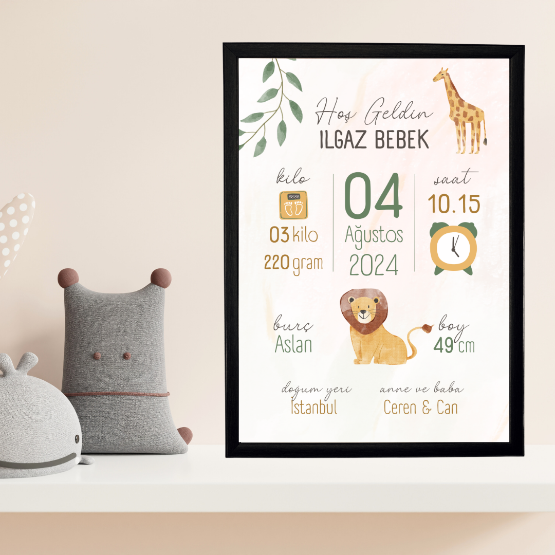 Aslan Zürafa Tekli Çocuk Odası Doğum Tablosu (kişiye özel)