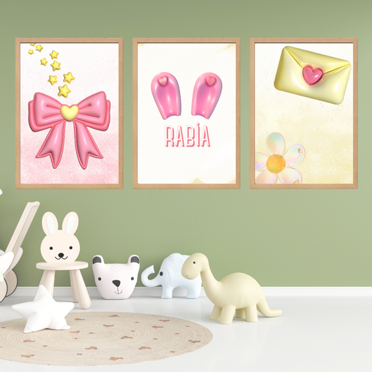 3D Tavşan Kulak 3'lü Set Çocuk Odası Ahşap İsimli Tablo