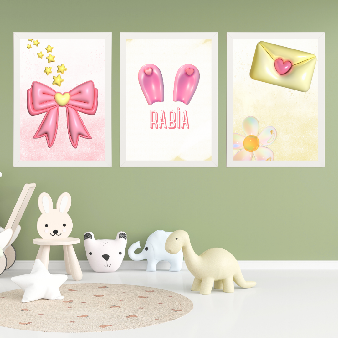 3D Tavşan Kulak 3'lü Set Çocuk Odası Ahşap İsimli Tablo
