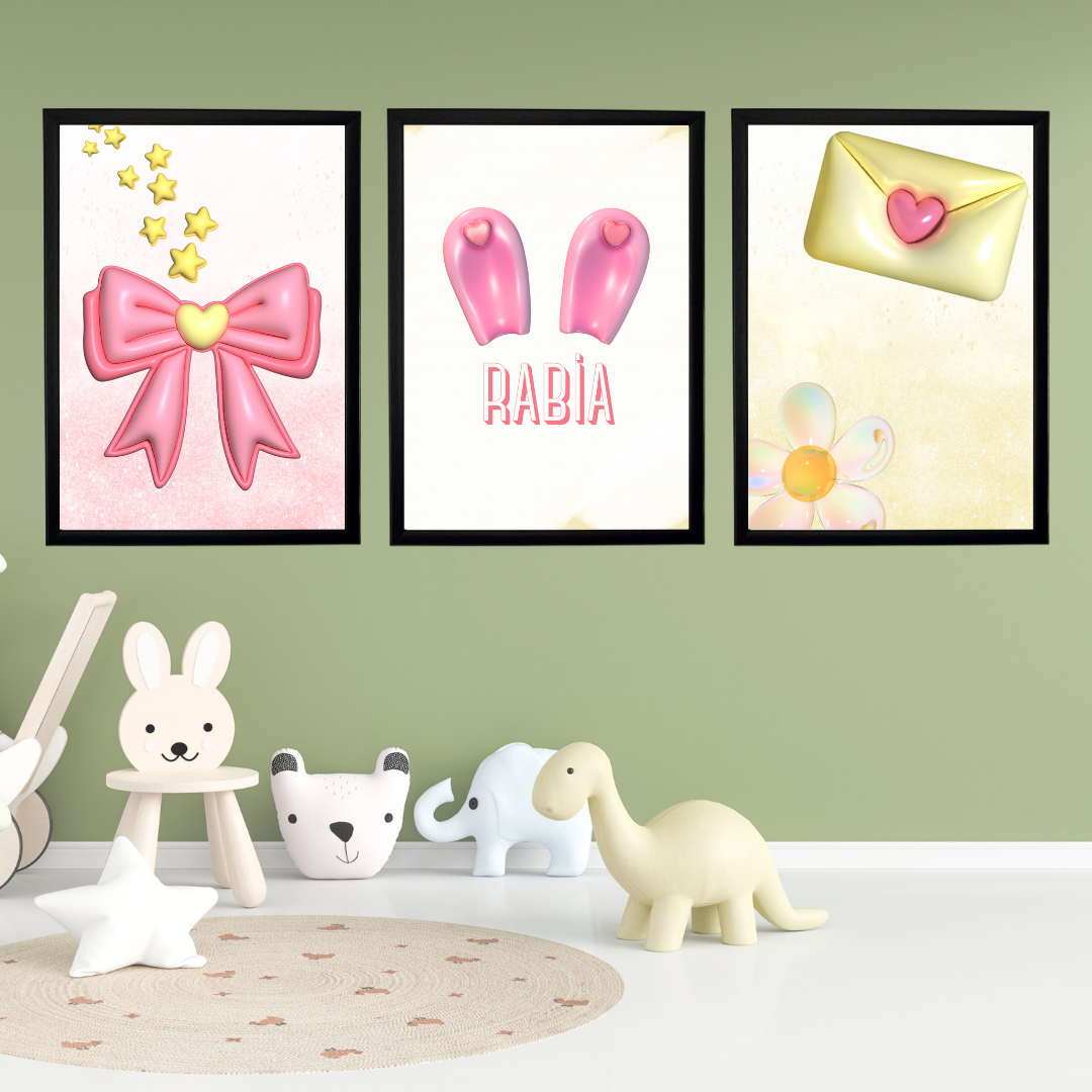 3D Tavşan Kulak 3'lü Set Çocuk Odası Ahşap İsimli Tablo