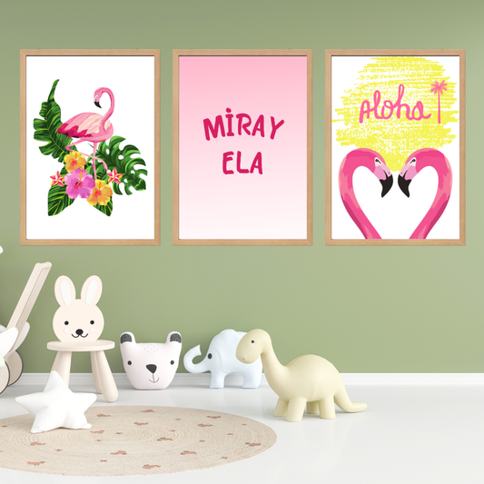 Flamingolu 3'lü Set Çocuk Odası İsimli Tablo