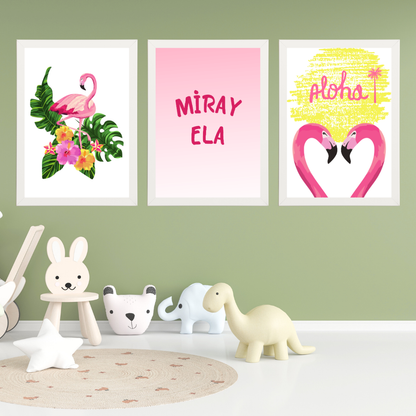 Flamingolu 3'lü Set Çocuk Odası İsimli Tablo