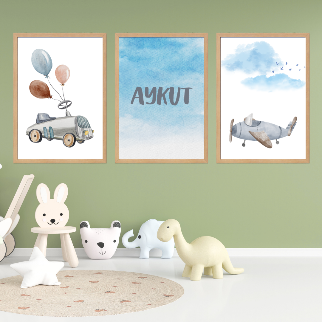 Arabalı 3'lü Set Çocuk Odası İsimli Tablo