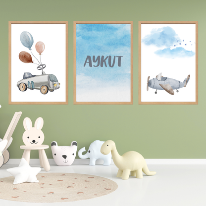 Arabalı 3'lü Set Çocuk Odası İsimli Tablo