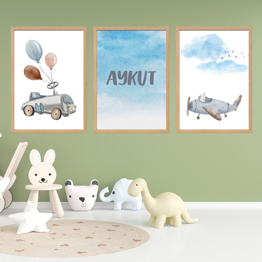 Arabalı 3'lü Set Çocuk Odası İsimli Tablo