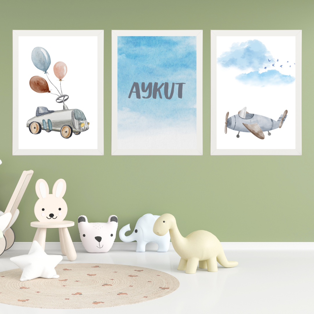 Arabalı 3'lü Set Çocuk Odası İsimli Tablo