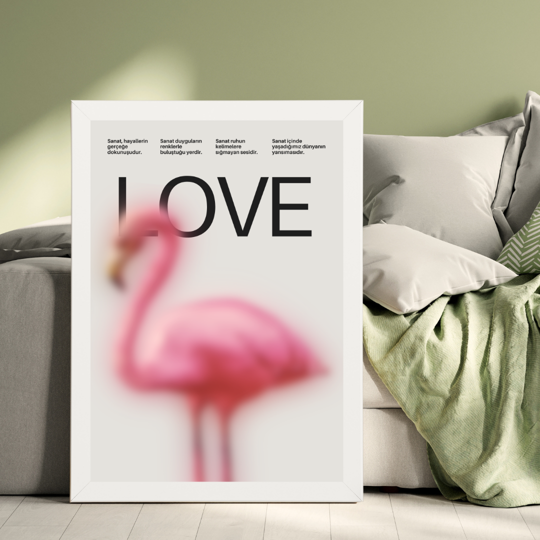 Flamingo ve Aşk Ahşap Çerçeve Oda-Mutfak Tablosu