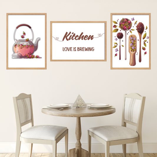 Kitchen Rose 3'lü Set Ahşap Çerçeve Oda-Mutfak Tablosu