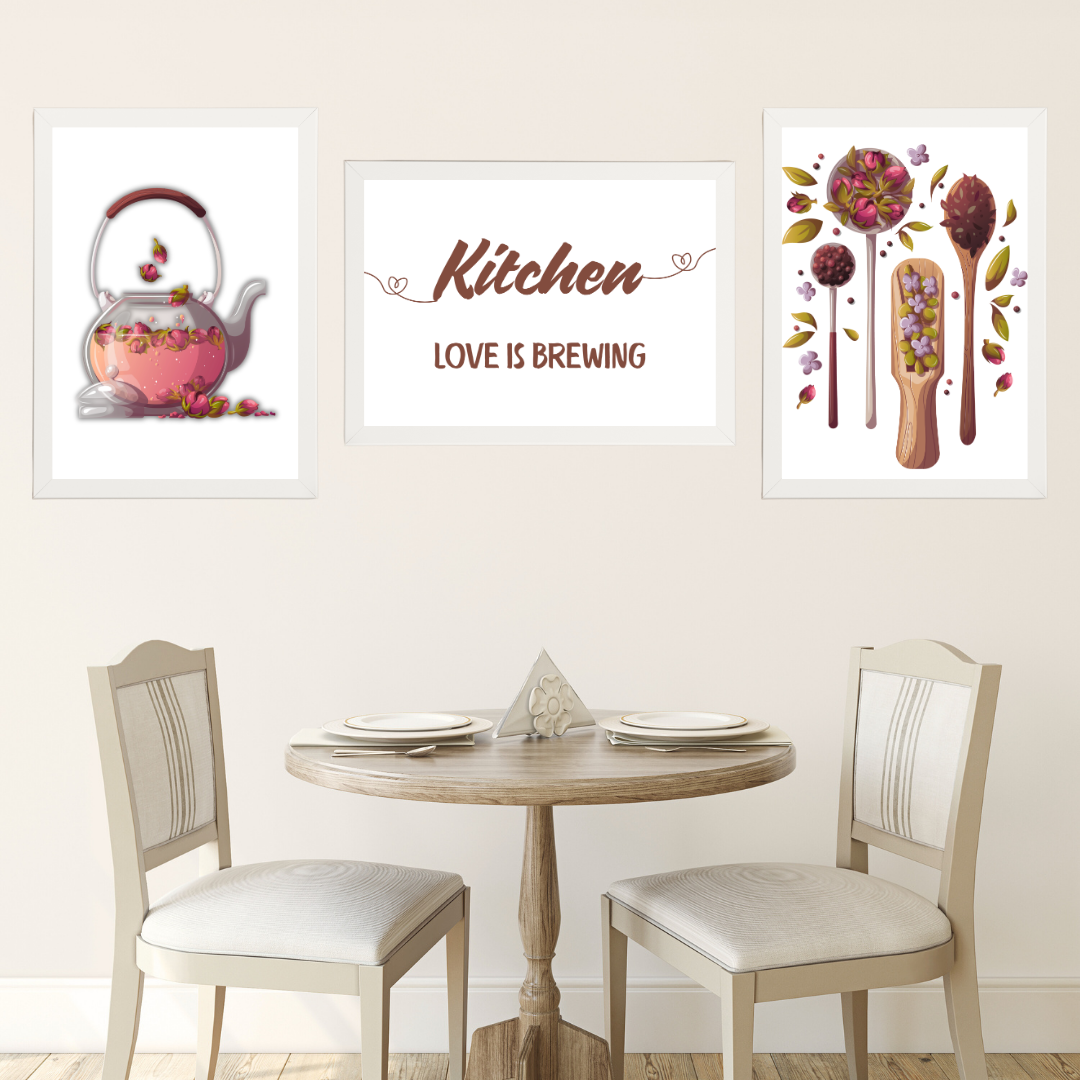 Kitchen Rose 3'lü Set Ahşap Çerçeve Oda-Mutfak Tablosu