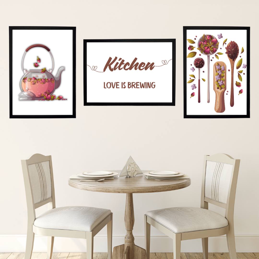 Kitchen Rose 3'lü Set Ahşap Çerçeve Oda-Mutfak Tablosu