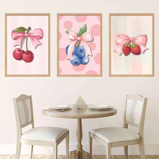 Pembe Meyveler 3'lü Set Ahşap Çerçeve Oda-Mutfak Tablosu