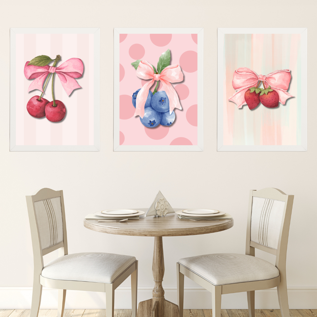 Pembe Meyveler 3'lü Set Ahşap Çerçeve Oda-Mutfak Tablosu