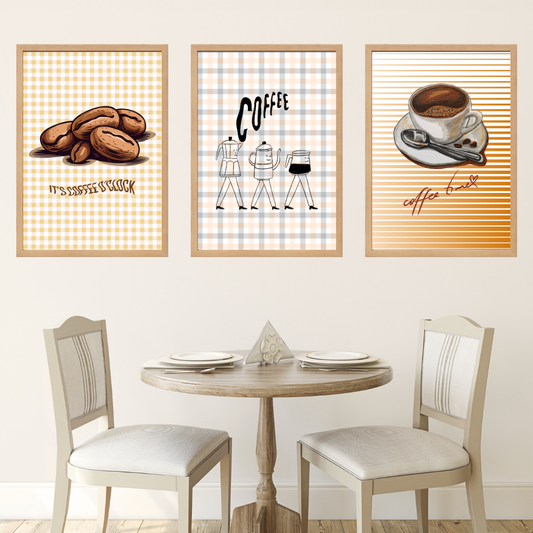 Coffee 1, 3'lü Set Ahşap Çerçeve Oda-Mutfak Tablosu