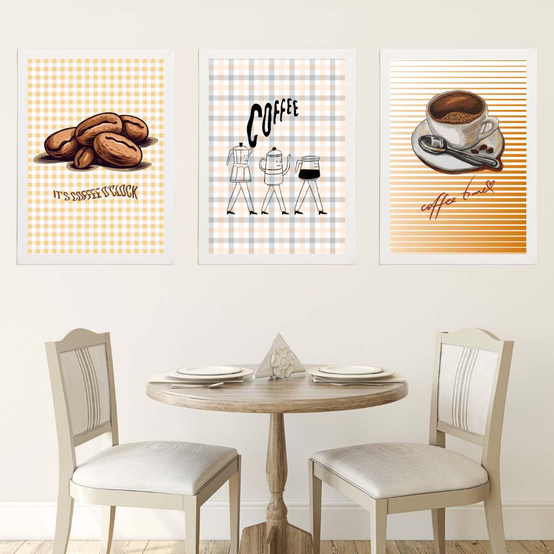 Coffee 1, 3'lü Set Ahşap Çerçeve Oda-Mutfak Tablosu