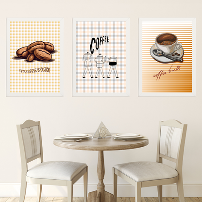 Coffee 1, 3'lü Set Ahşap Çerçeve Oda-Mutfak Tablosu