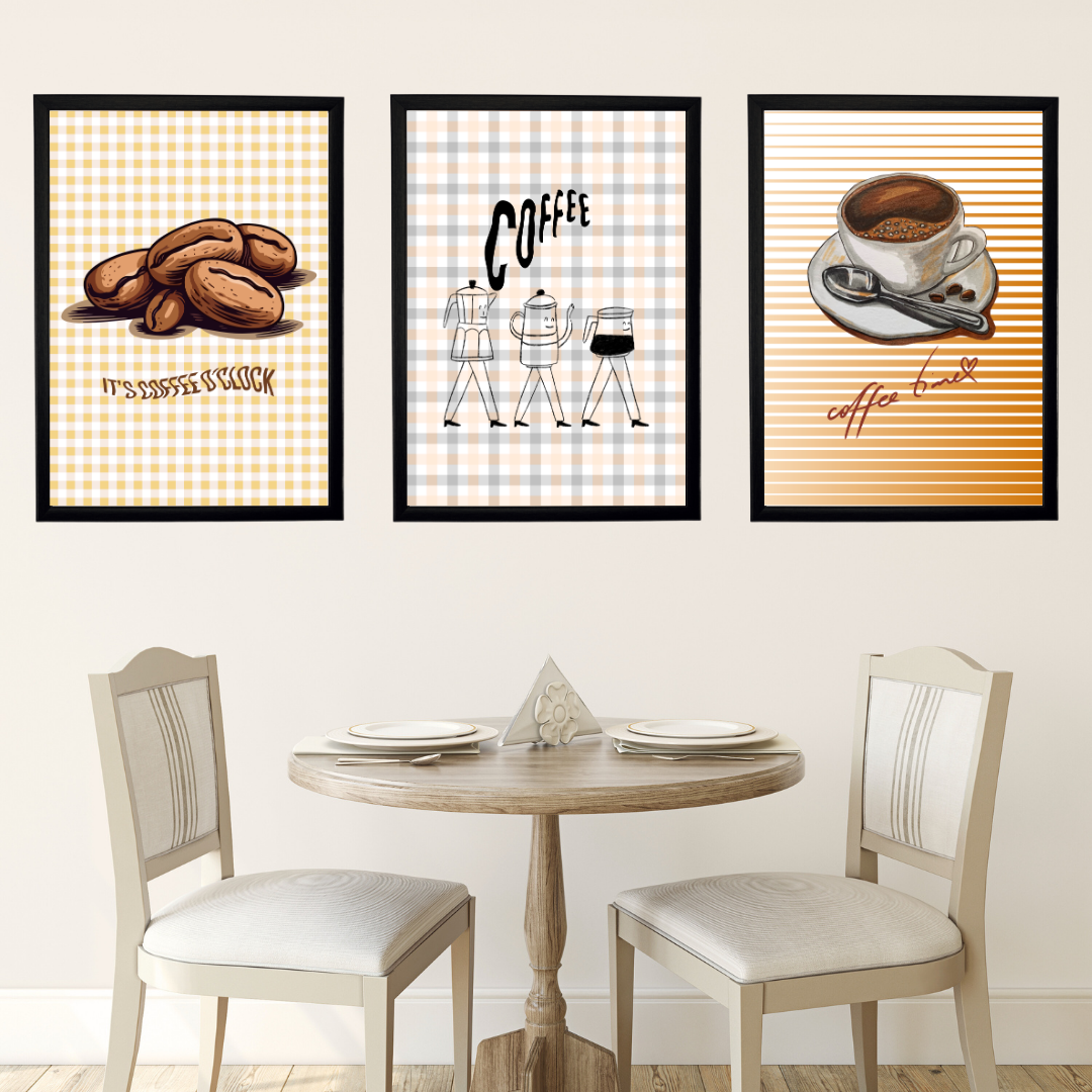 Coffee 1, 3'lü Set Ahşap Çerçeve Oda-Mutfak Tablosu