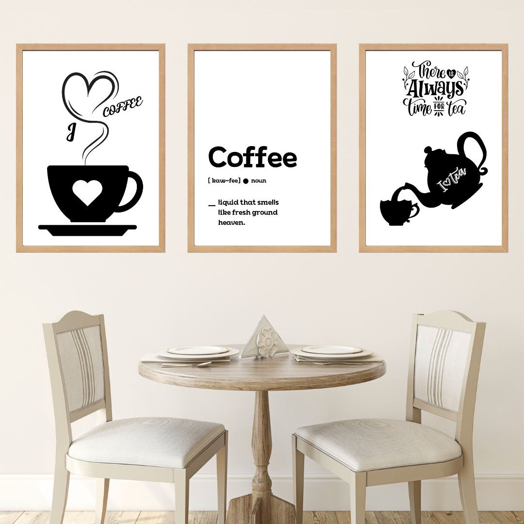Coffee 3, 3'lü Set Ahşap Çerçeve Oda-Mutfak Tablosu