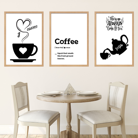 Coffee 3, 3'lü Set Ahşap Çerçeve Oda-Mutfak Tablosu