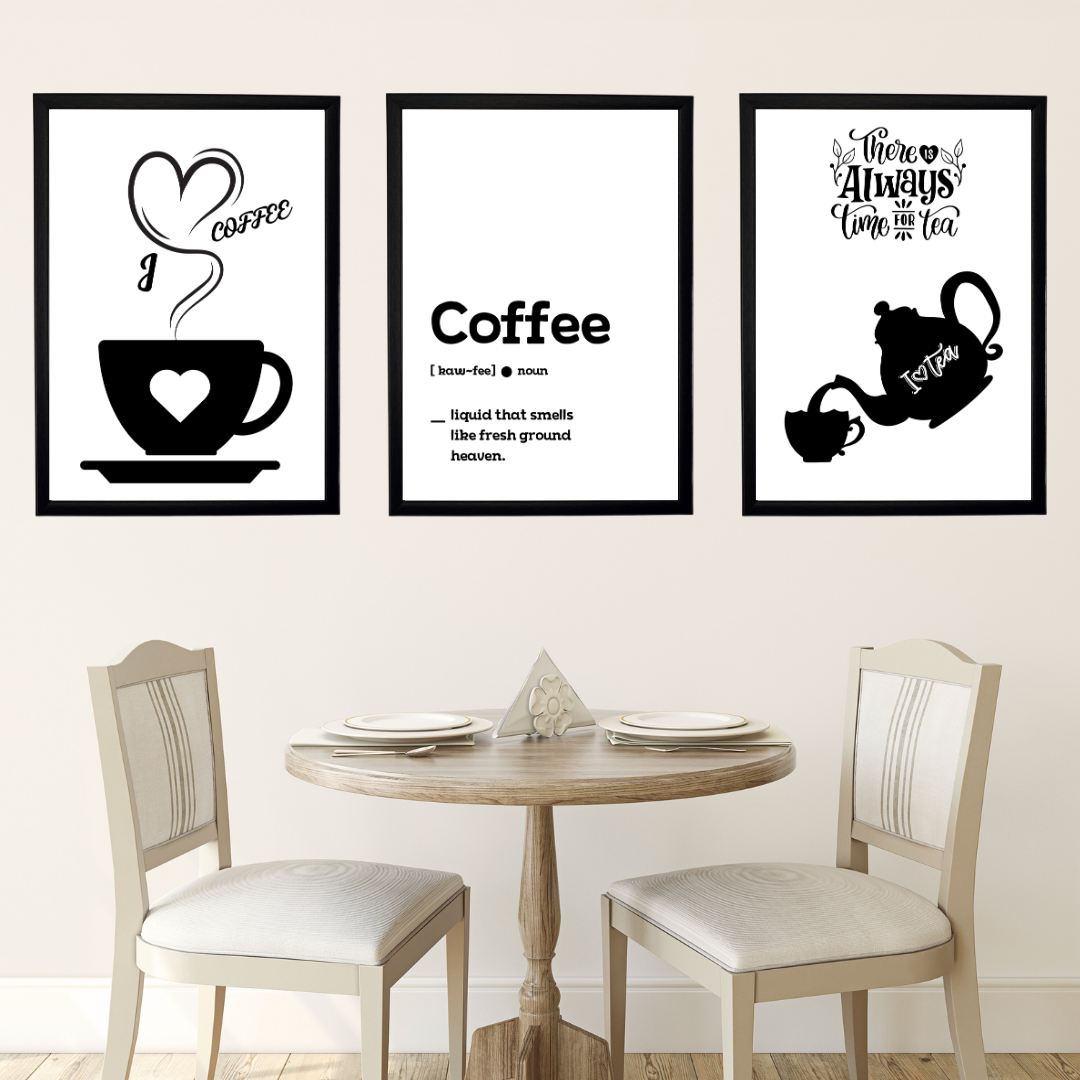 Coffee 3, 3'lü Set Ahşap Çerçeve Oda-Mutfak Tablosu