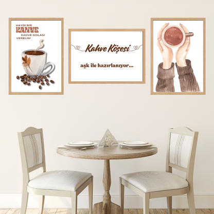 Coffee 4, 3'lü Set Ahşap Çerçeve Oda-Mutfak Tablosu