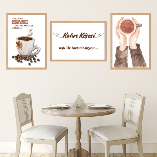 Coffee 4, 3'lü Set Ahşap Çerçeve Oda-Mutfak Tablosu