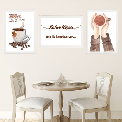 Coffee 4, 3'lü Set Ahşap Çerçeve Oda-Mutfak Tablosu
