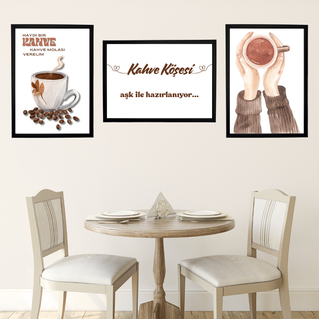 Coffee 4, 3'lü Set Ahşap Çerçeve Oda-Mutfak Tablosu