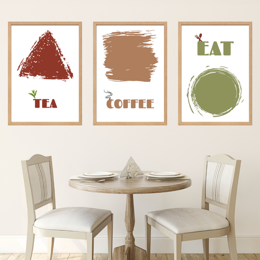 Coffee-Tea 3'lü Set Ahşap Çerçeve Oda-Mutfak Tablosu
