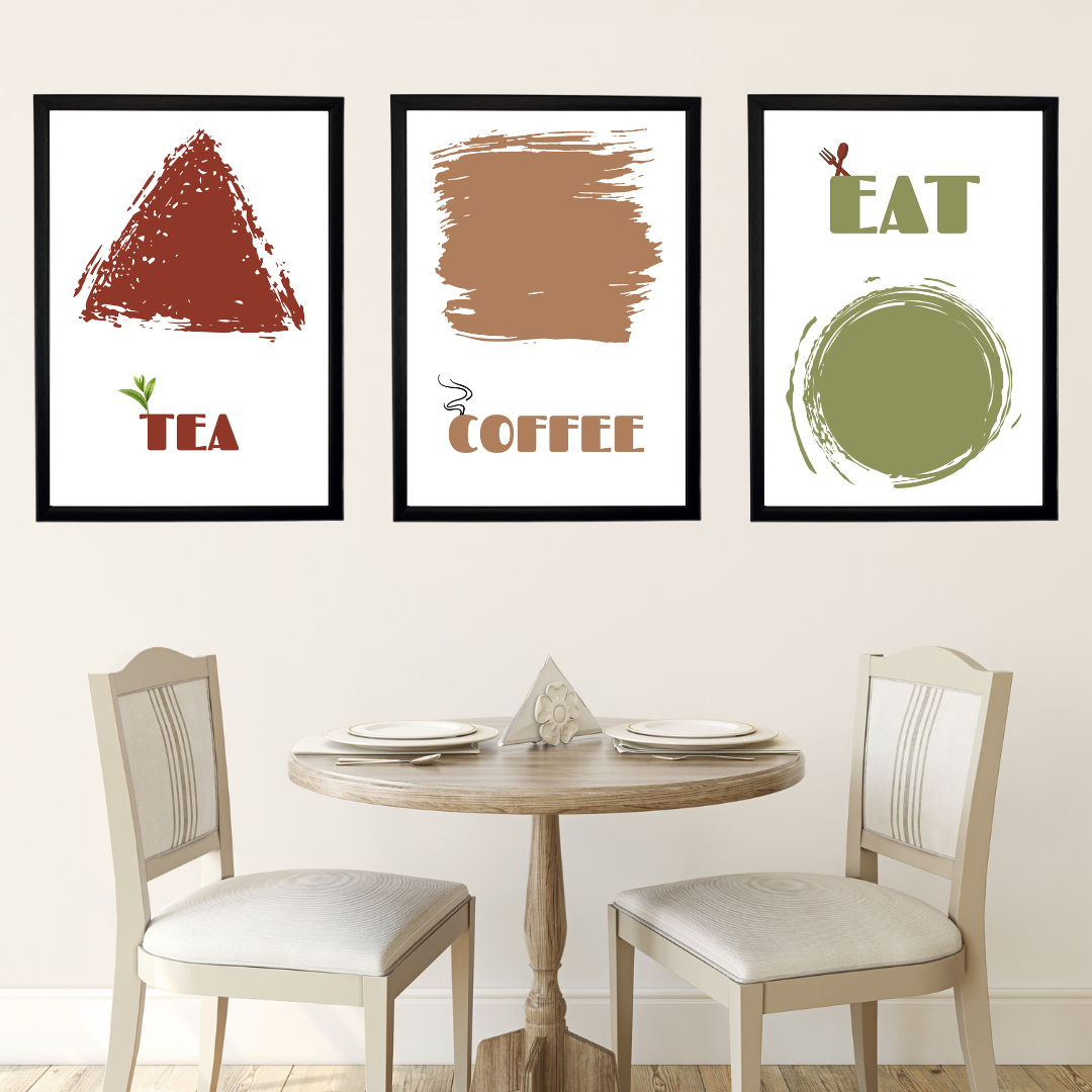 Coffee-Tea 3'lü Set Ahşap Çerçeve Oda-Mutfak Tablosu