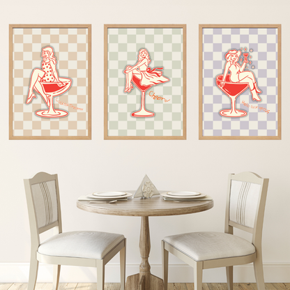 Cocktail Girls 3'lü Set Ahşap Çerçeve Oda-Mutfak Tablosu