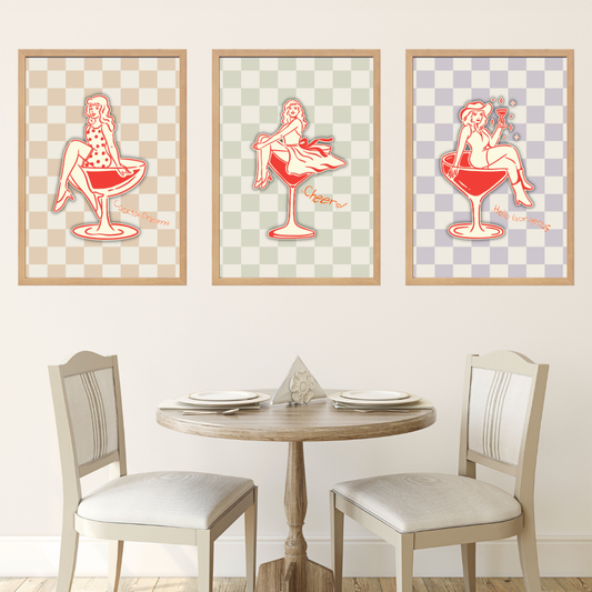 Cocktail Girls 3'lü Set Ahşap Çerçeve Oda-Mutfak Tablosu
