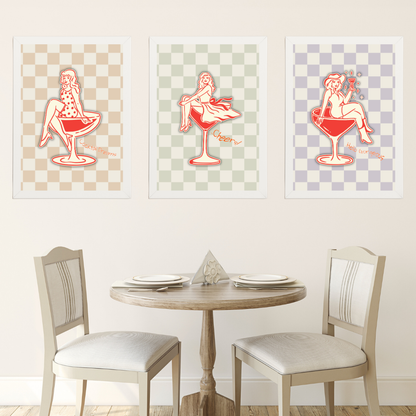 Cocktail Girls 3'lü Set Ahşap Çerçeve Oda-Mutfak Tablosu