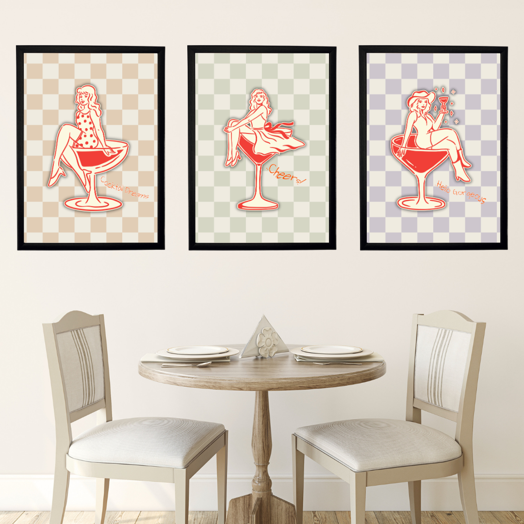 Cocktail Girls 3'lü Set Ahşap Çerçeve Oda-Mutfak Tablosu