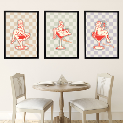 Cocktail Girls 3'lü Set Ahşap Çerçeve Oda-Mutfak Tablosu