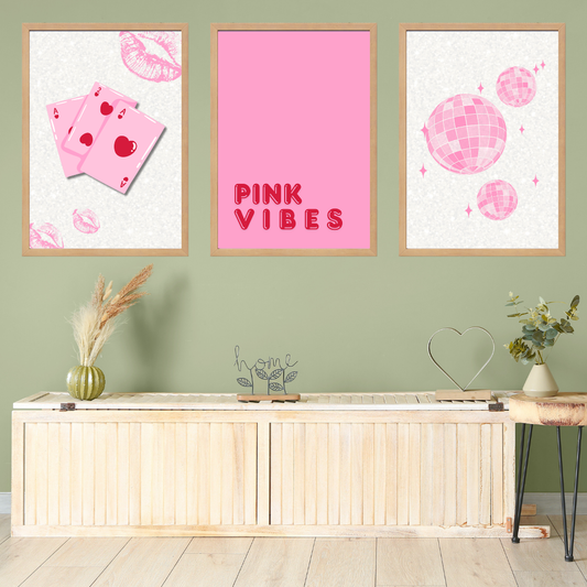 Pink Vibes 3'lü Set Ahşap Çerçeve Oda-Mutfak Tablosu