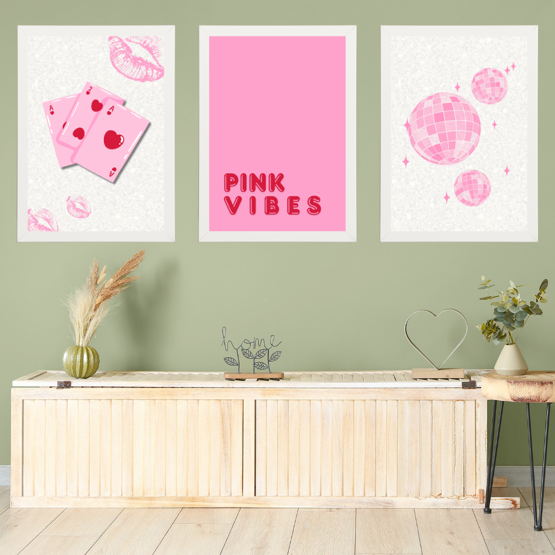 Pink Vibes 3'lü Set Ahşap Çerçeve Oda-Mutfak Tablosu
