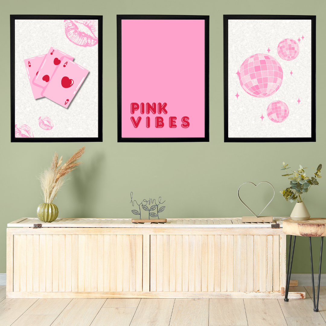 Pink Vibes 3'lü Set Ahşap Çerçeve Oda-Mutfak Tablosu