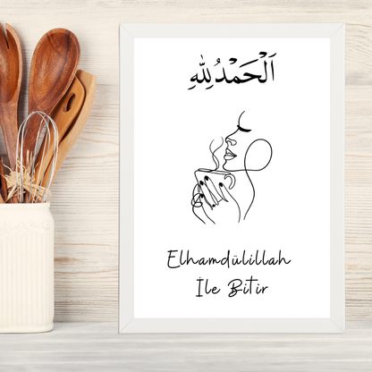 Elhamdülillah ile Bitir Ahşap Çerçeve Oda-Mutfak Tablosu