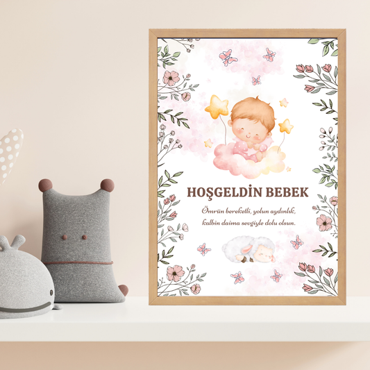 Hoşgeldin Kız Bebek Çocuk Odası Ahşap Tablo