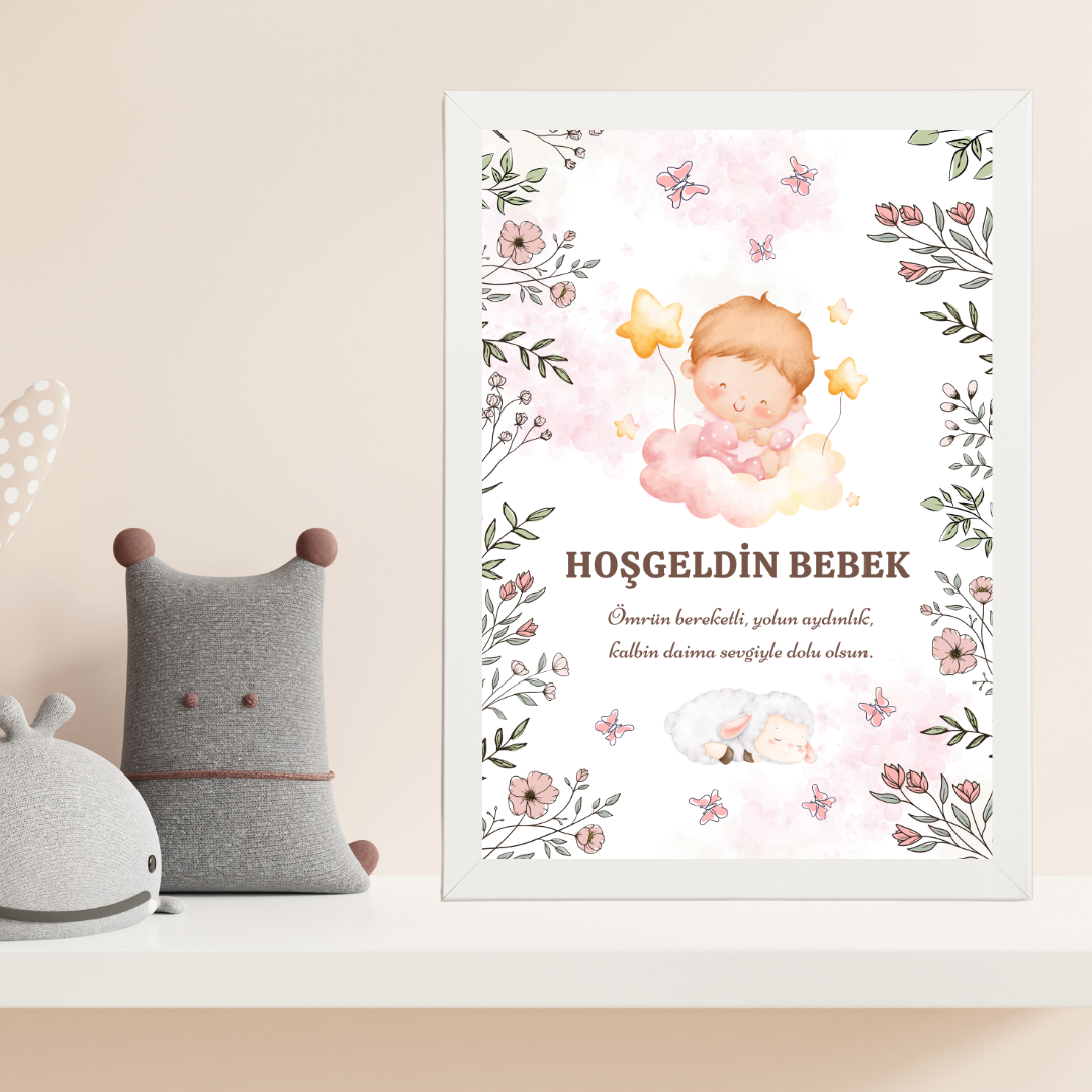 Hoşgeldin Kız Bebek Çocuk Odası Ahşap Tablo