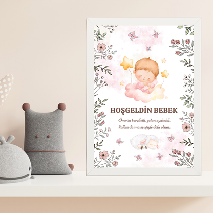 Hoşgeldin Kız Bebek Çocuk Odası Ahşap Tablo