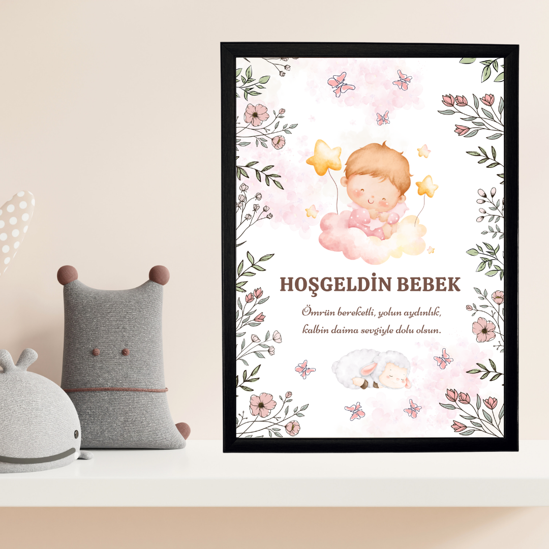 Hoşgeldin Kız Bebek Çocuk Odası Ahşap Tablo