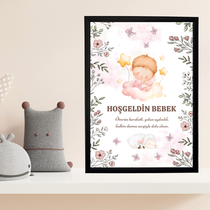 Hoşgeldin Kız Bebek Çocuk Odası Ahşap Tablo